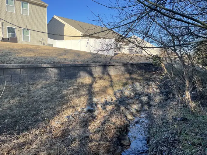 Retaining wall running along the base of a sloped, wooded backyard